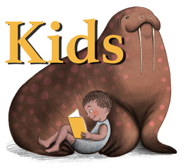 boy leaning against a walrus reading a book with the word kids over his head